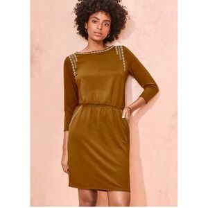 Garnet Hill Brown‎ Embroidered Pocket Detail Knit Dress M Boho Peasant Comfort